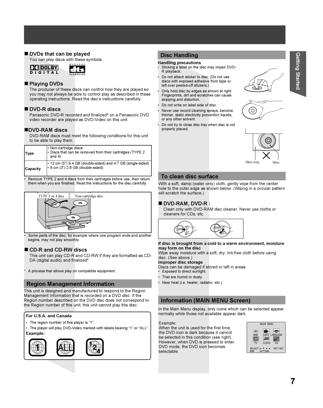 Panasonic PV-27DF5 manual Region Management Information, Disc Handling, To clean disc surface, Information MAIN MENU Screen 