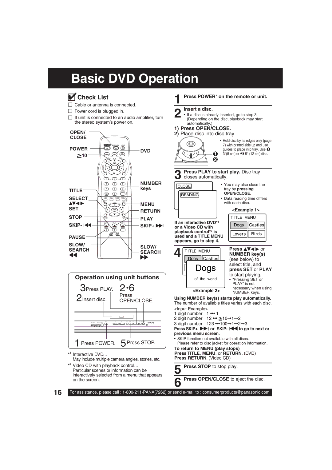 Panasonic PV 27DF63, PV 20DF63 operating instructions Basic DVD Operation, Operation using unit buttons, Press OPEN/CLOSE 