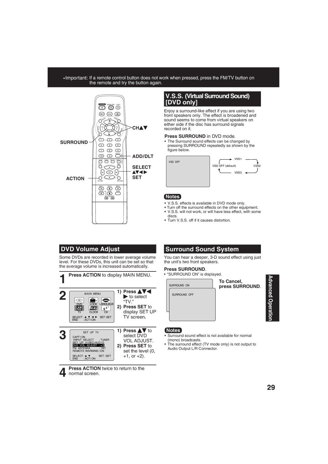 Panasonic PV 20DF63, PV 27DF63 operating instructions DVD only, DVD Volume Adjust, Surround Sound System 