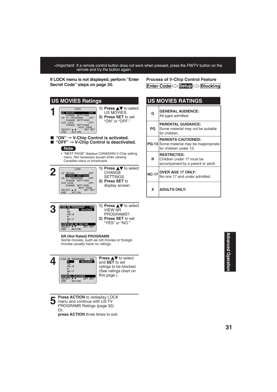 Panasonic PV 20DF63, PV 27DF63 operating instructions US Movies Ratings, Enter Code, Blocking 