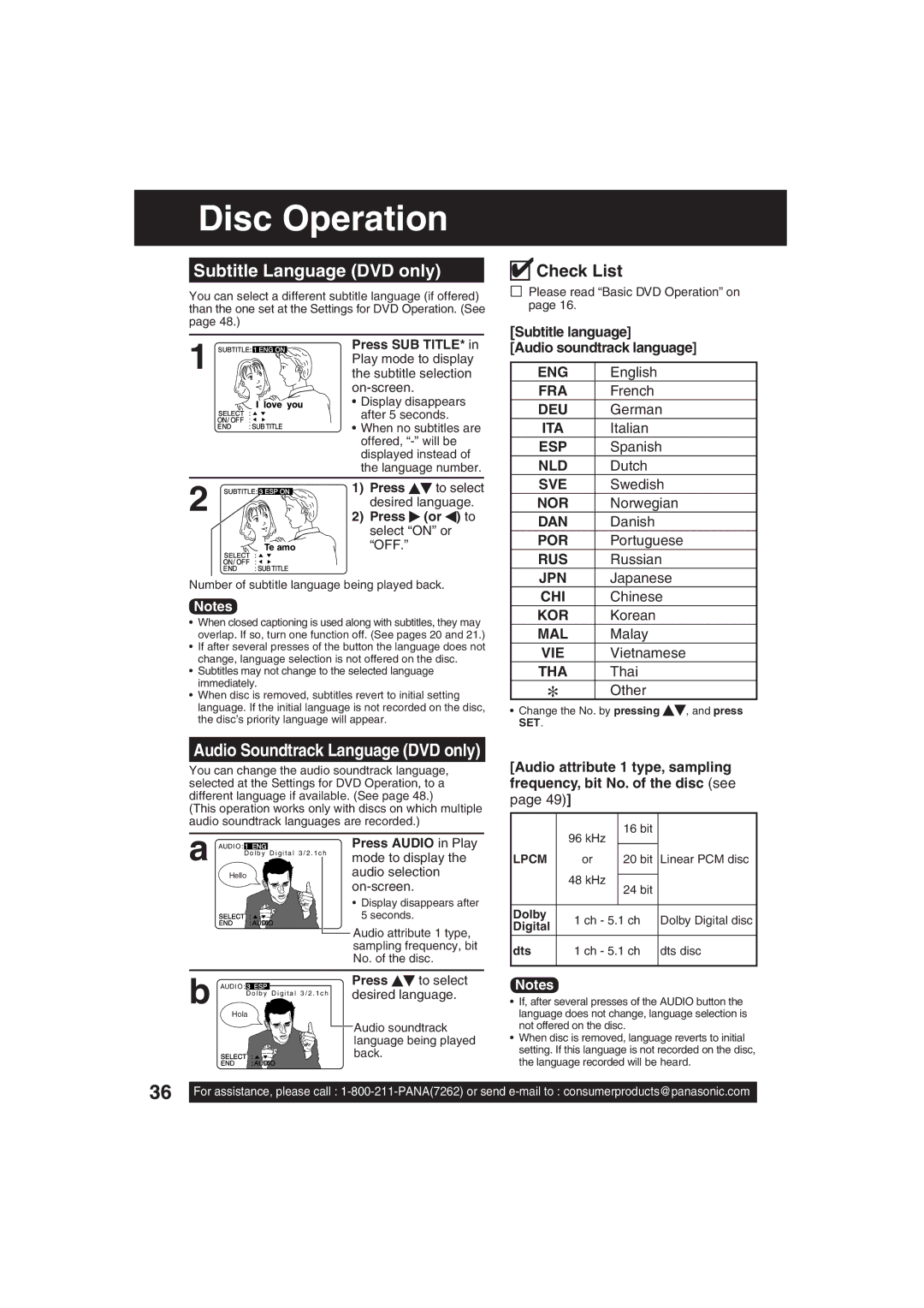 Panasonic PV 27DF63, PV 20DF63 Disc Operation, Subtitle Language DVD only, Subtitle language Audio soundtrack language 