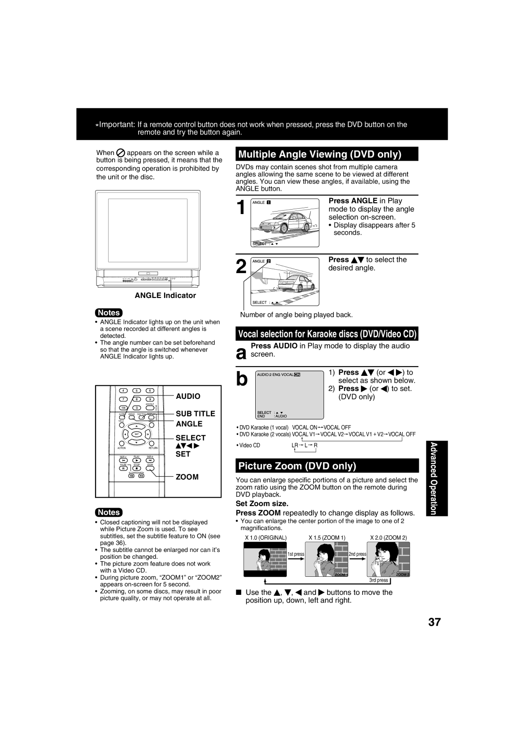 Panasonic PV 20DF63, PV 27DF63 operating instructions Multiple Angle Viewing DVD only, Picture Zoom DVD only, SUB Title 