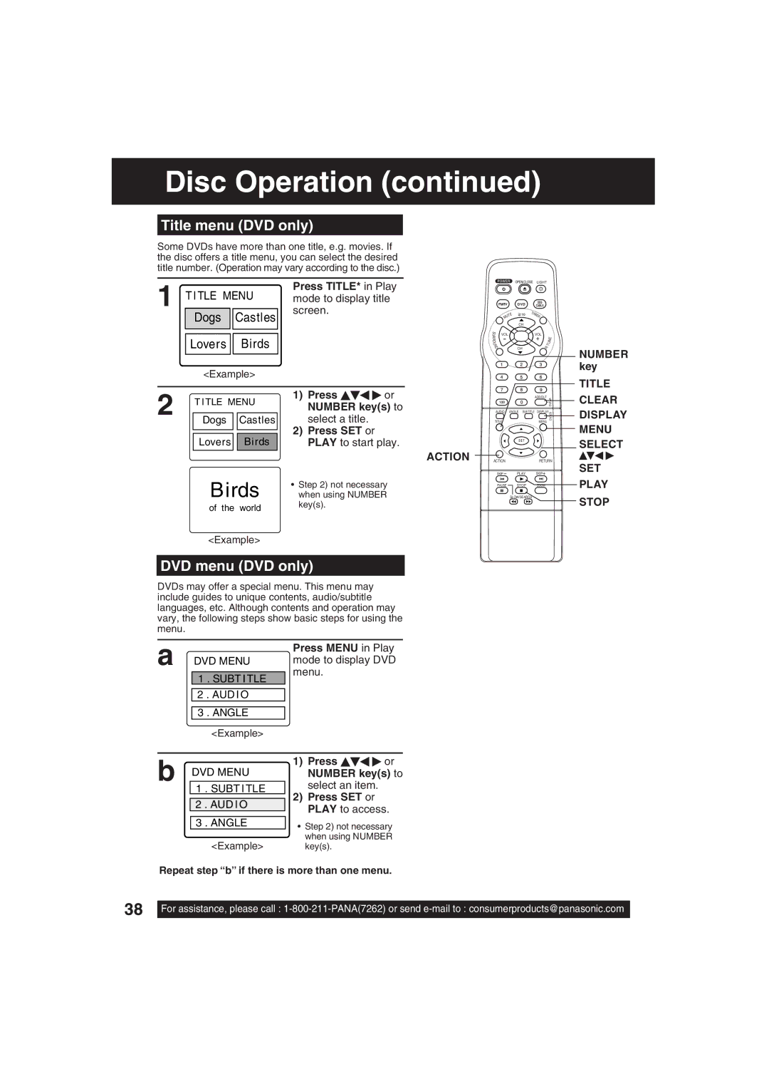 Panasonic PV 27DF63, PV 20DF63 operating instructions Title menu DVD only, DVD menu DVD only, SET Play Stop 