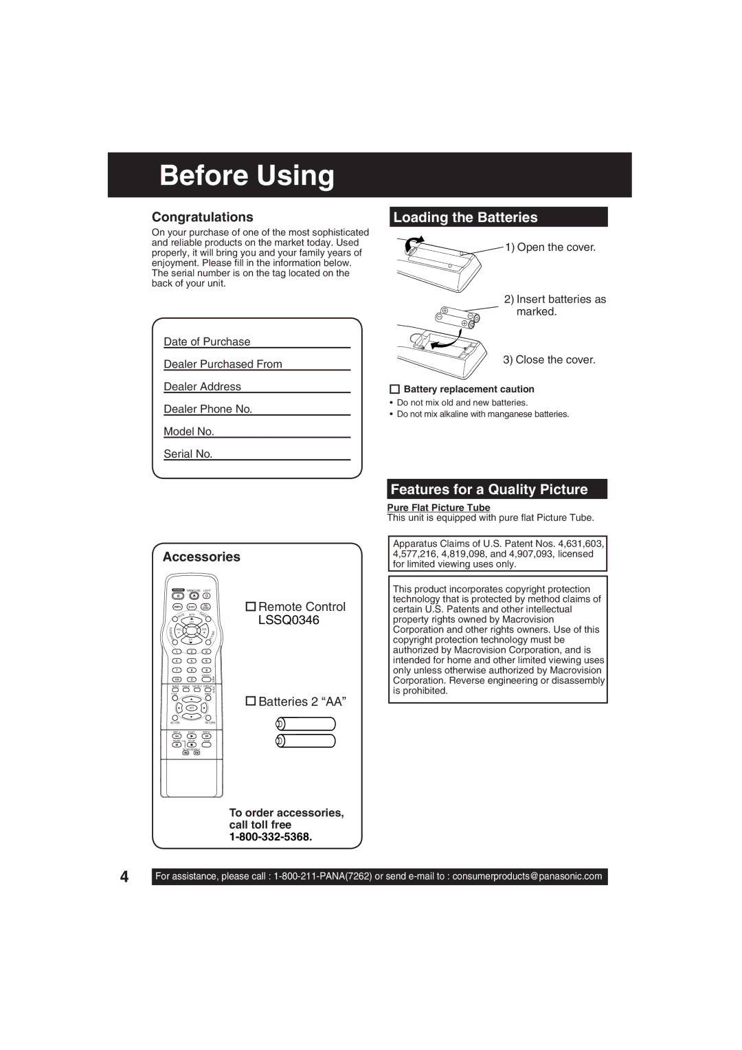 Panasonic PV 27DF63, PV 20DF63 operating instructions Before Using, Loading the Batteries, Features for a Quality Picture 