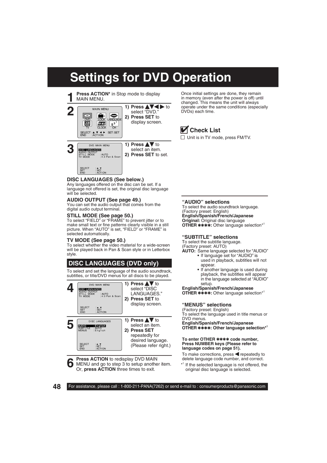 Panasonic PV 27DF63, PV 20DF63 operating instructions Settings for DVD Operation, Disc Languages DVD only 