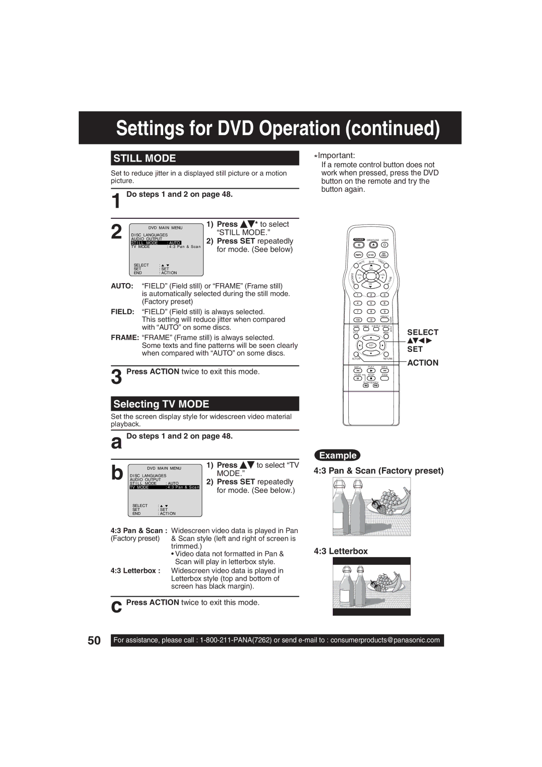 Panasonic PV 27DF63, PV 20DF63 Selecting TV Mode, Pan & Scan Factory preset, Letterbox, Press * to select Still Mode 