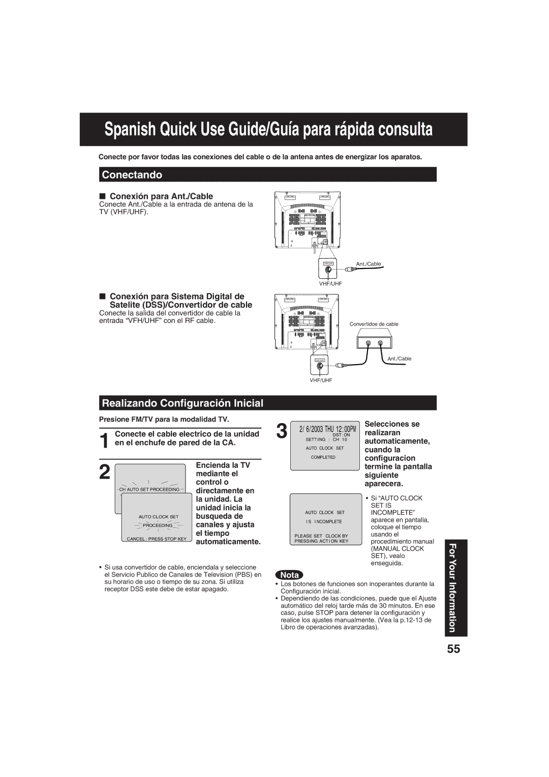 Panasonic PV 20DF63, PV 27DF63 operating instructions Conectando, Realizando Conﬁguración Inicial, Conexión para Ant./Cable 