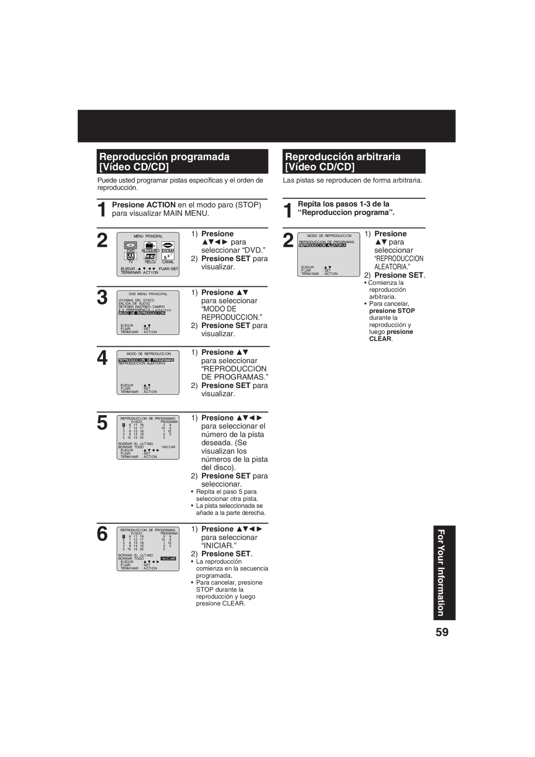 Panasonic PV 20DF63, PV 27DF63 operating instructions Reproducción programada Reproducción arbitraria Vídeo CD/CD 