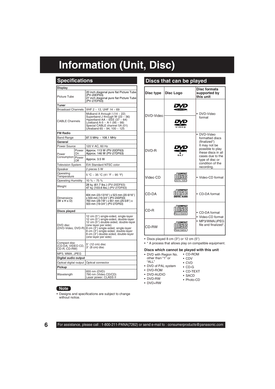 Panasonic PV 27DF63, PV 20DF63 operating instructions Information Unit, Disc, Speciﬁcations, Discs that can be played 