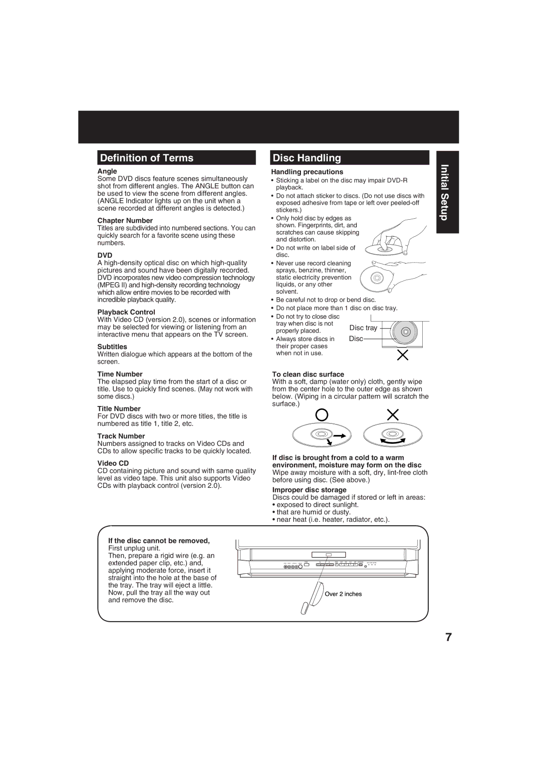 Panasonic PV 20DF63, PV 27DF63 operating instructions Deﬁnition of Terms, Disc Handling, Initial Setup, Disc tray 