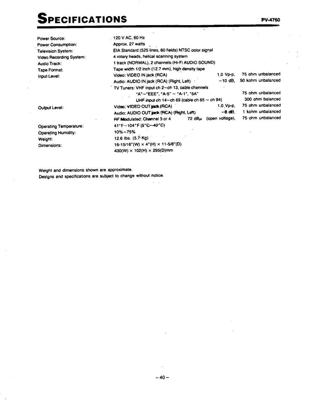 Panasonic PV-4760 manual 