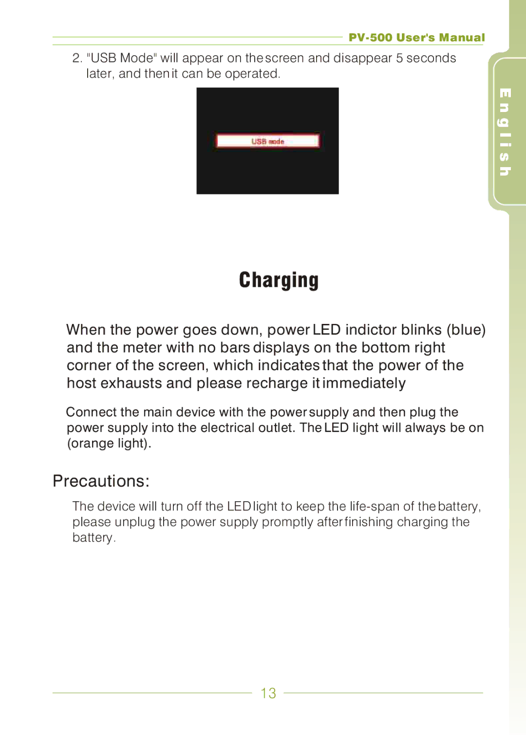 Panasonic PV-500 user manual Charging, Precautions 