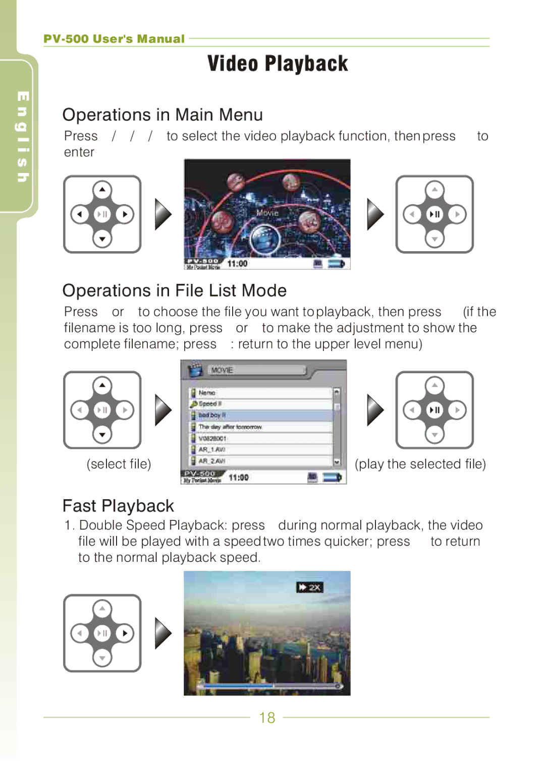 Panasonic PV-500 user manual Video Playback, Operations in Main Menu, Operations in File List Mode, Fast Playback 