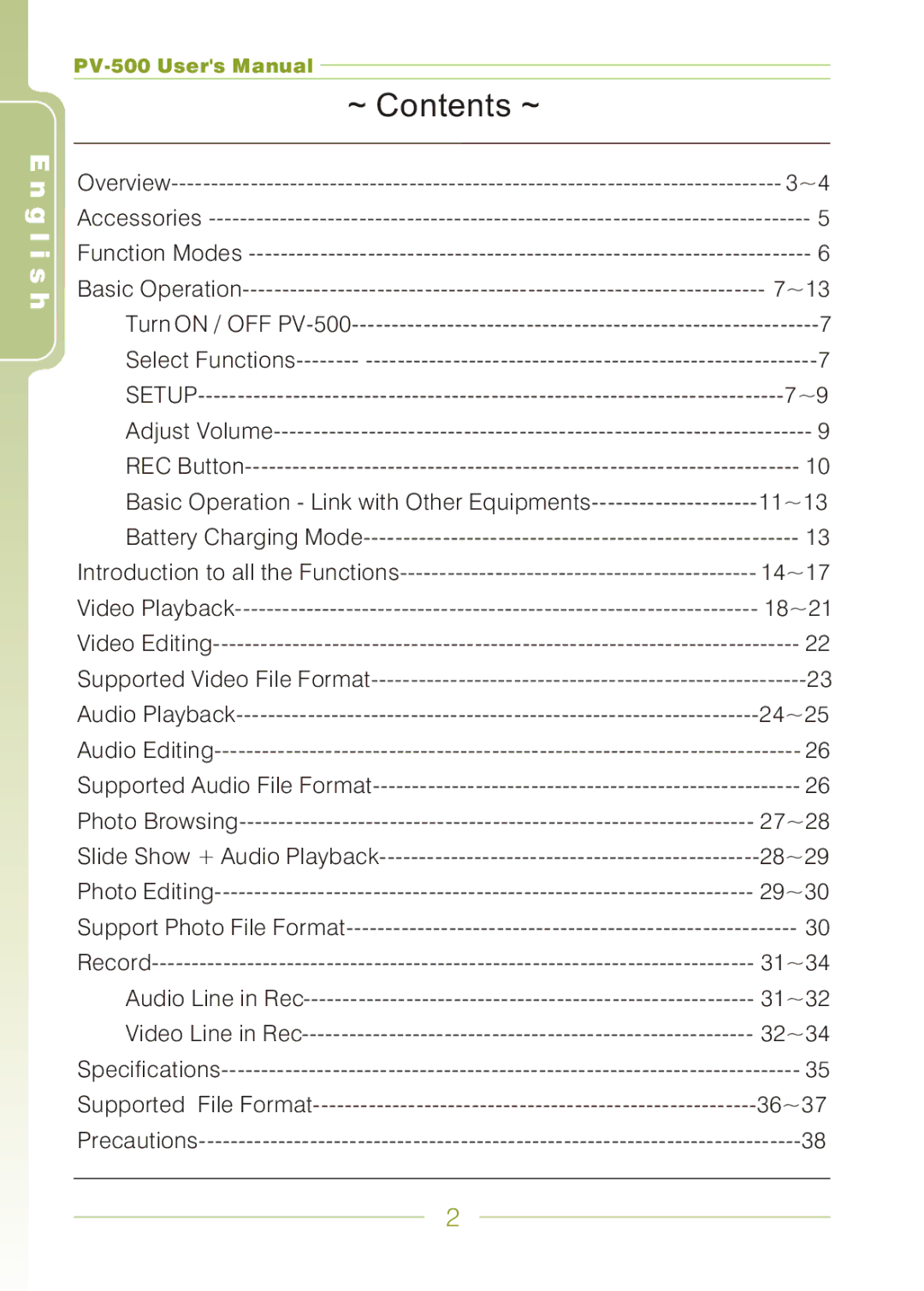 Panasonic PV-500 user manual ~ Contents ~ 