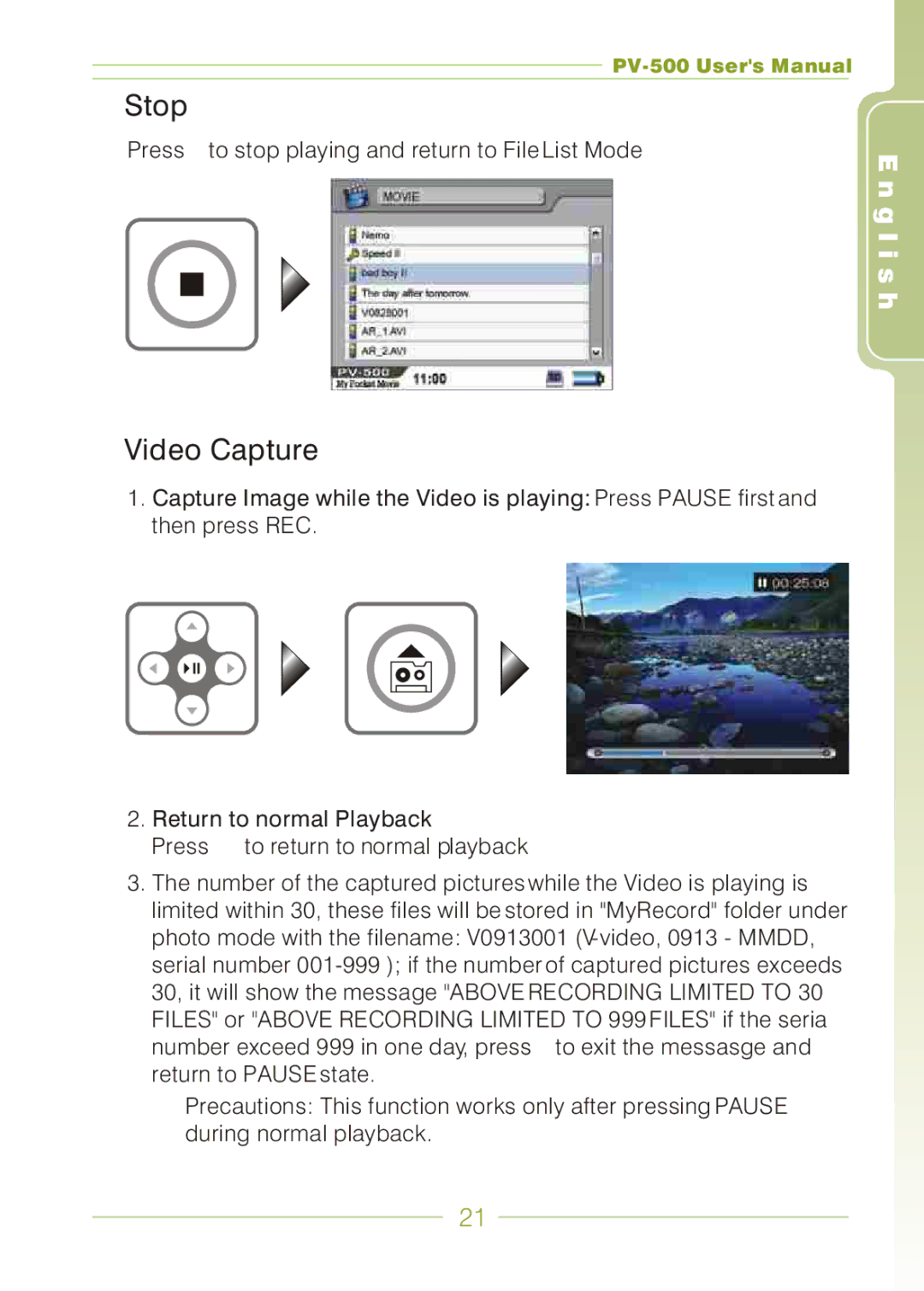 Panasonic PV-500 user manual Stop, Video Capture 