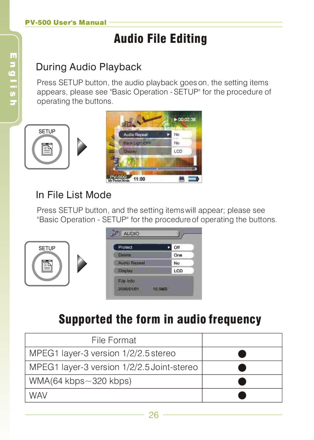 Panasonic PV-500 user manual Audio File Editing, Supported the form in audio frequency, During Audio Playback 