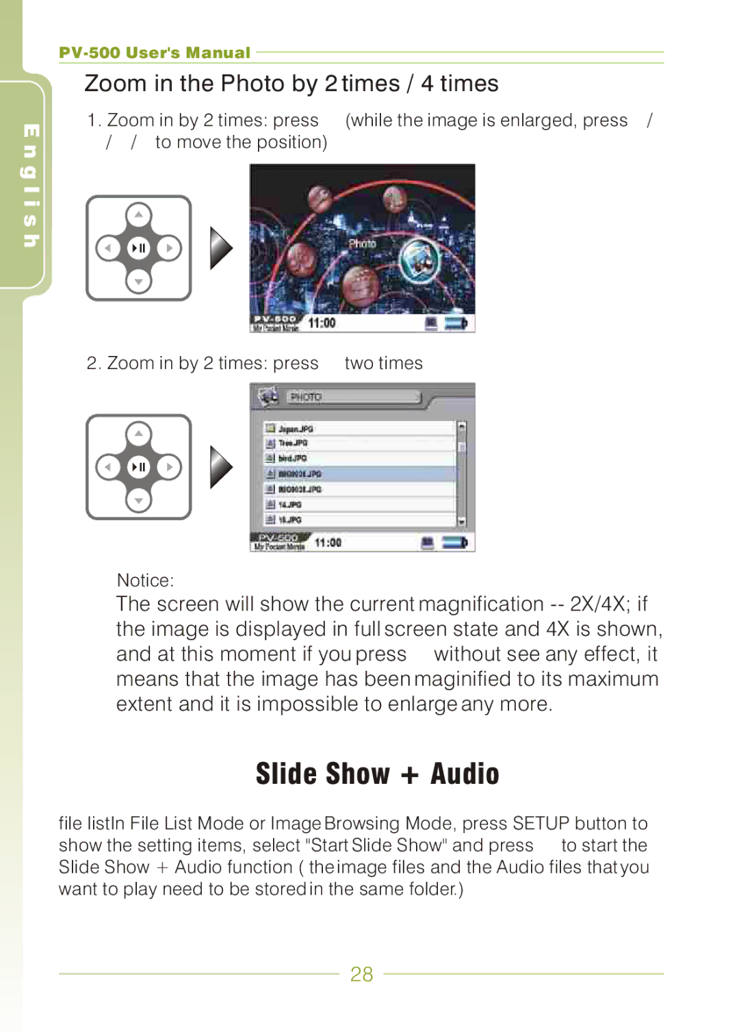 Panasonic PV-500 user manual Slide Show + Audio, Zoom in the Photo by 2 times / 4 times 