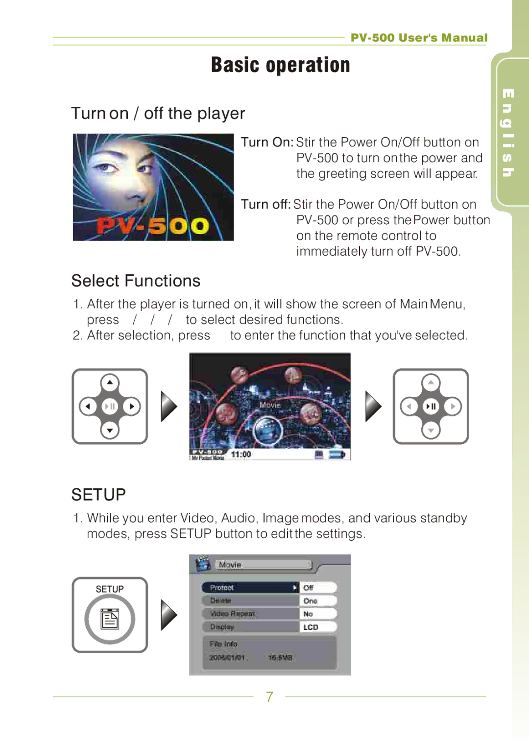 Panasonic PV-500 user manual Basic operation, Turn on / off the player, Select Functions 