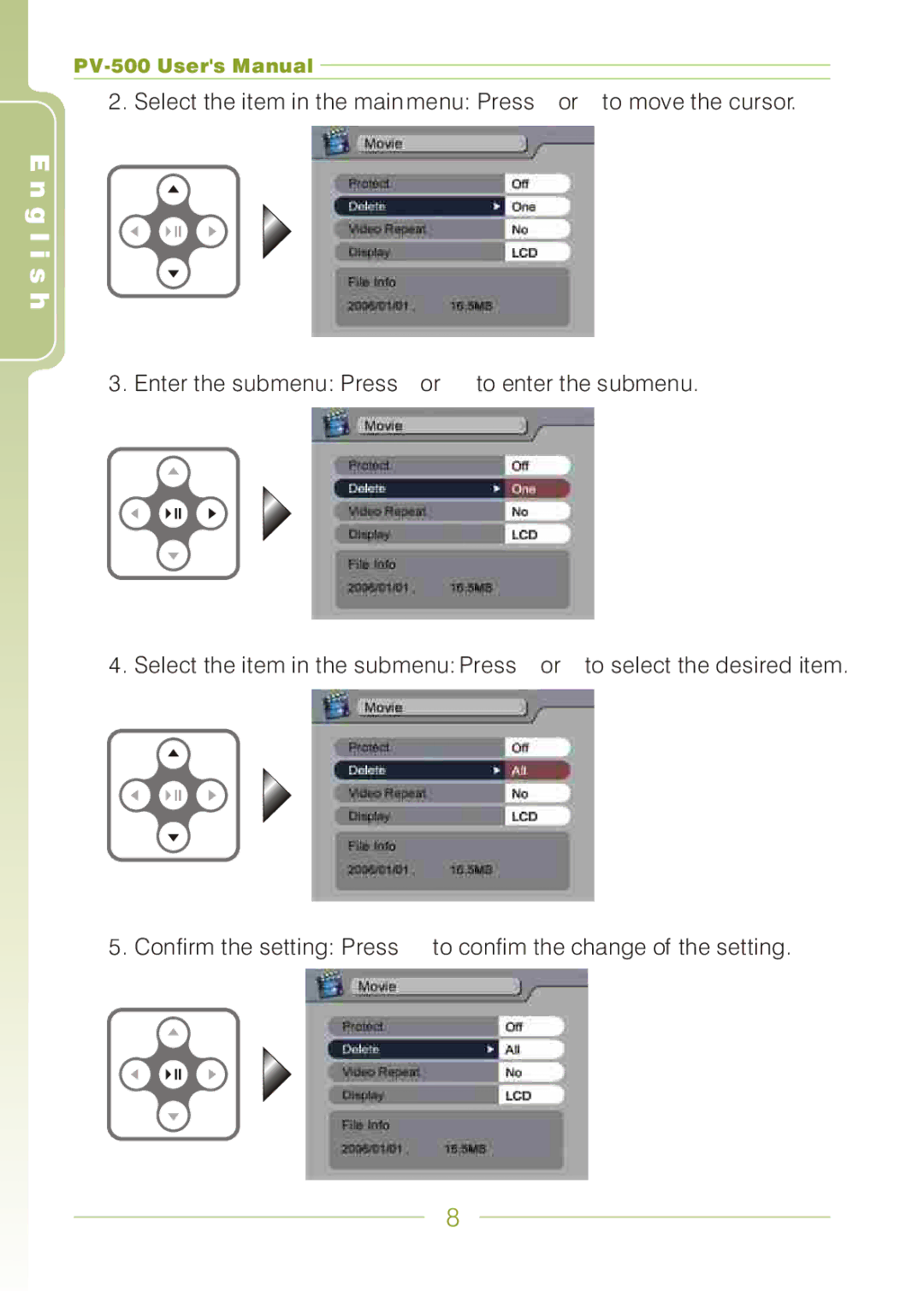 Panasonic PV-500 user manual Select the item in the main menu Press5or6to move the cursor 