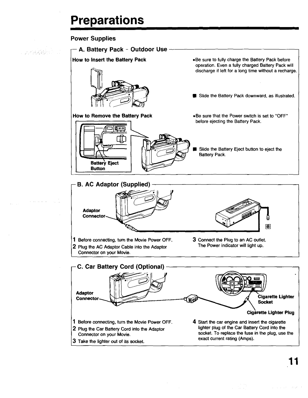 Panasonic PV-615S Preparations, AC Adaptor Supplied, Car Battery Cord Optional, Cigarette Lighter Socket Plug 