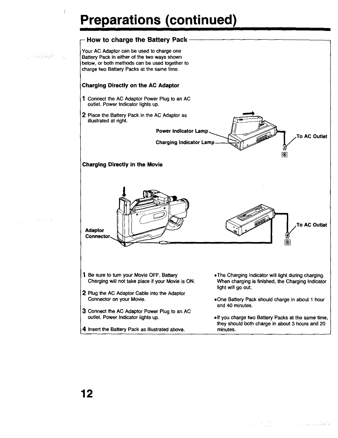 Panasonic PV-615S operating instructions Preparations, How to charge the Battery Pack 