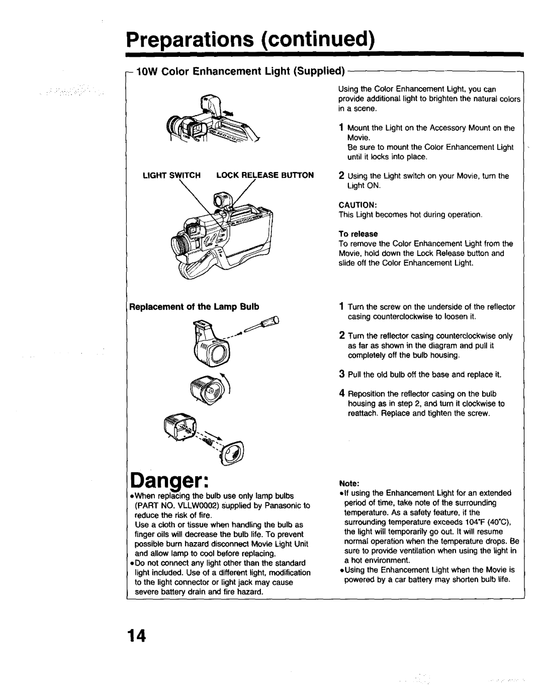 Panasonic PV-615S operating instructions 10W Color Enhancement Light Supplied, Light Switch Lock Release Button 