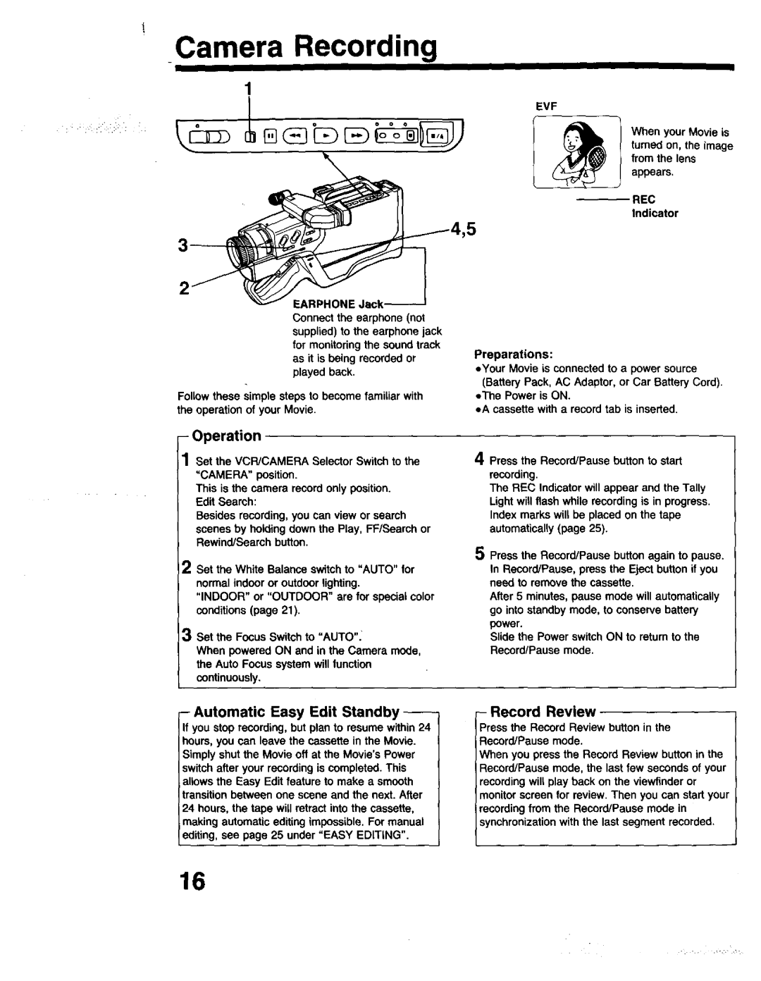 Panasonic PV-615S operating instructions Camera Recording, Operation, Automatic Easy Edit Standby, Record Review 