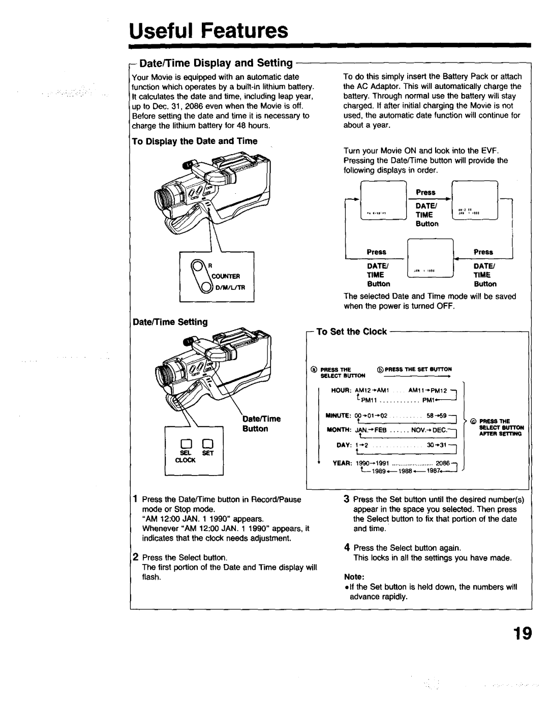 Panasonic PV-615S operating instructions Useful Features, Date/Time Display and Setting 