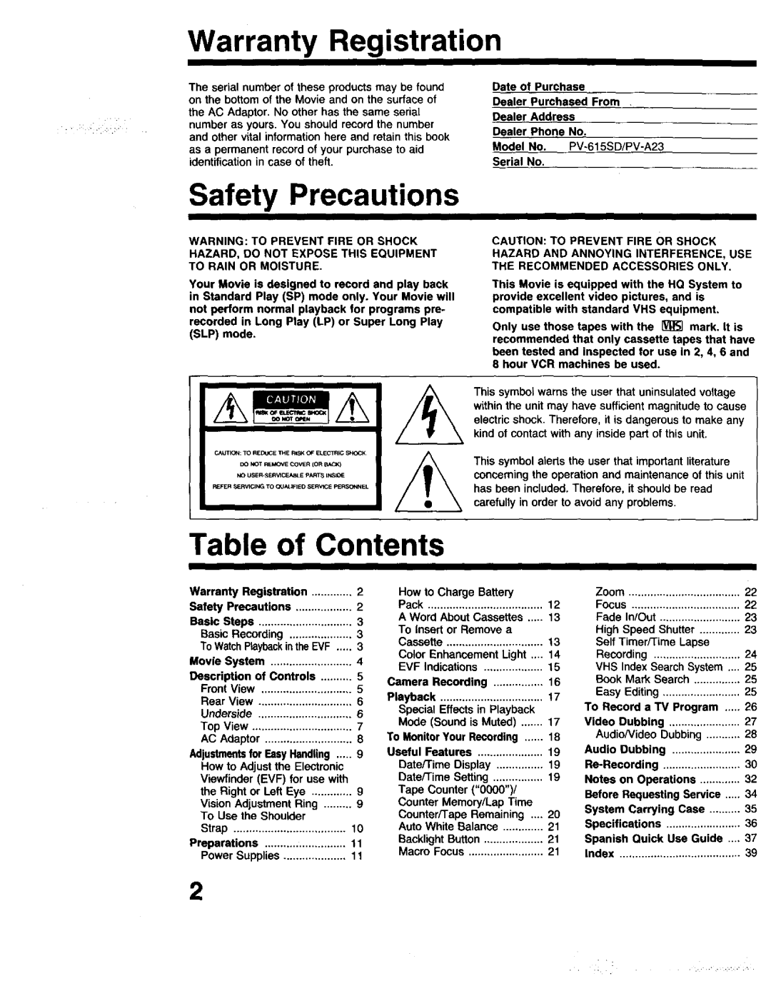 Panasonic PV-615S operating instructions Warranty Registration, Safety Precautions, Table of Contents 