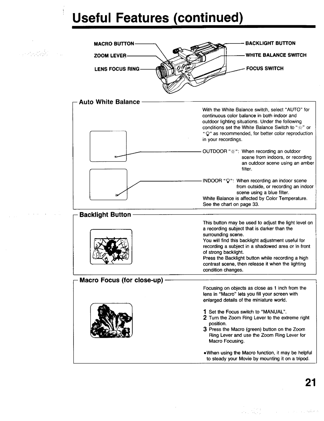 Panasonic PV-615S operating instructions Backlight Button, Macro Focus for close-up, Auto White Balance, Acklight Button 