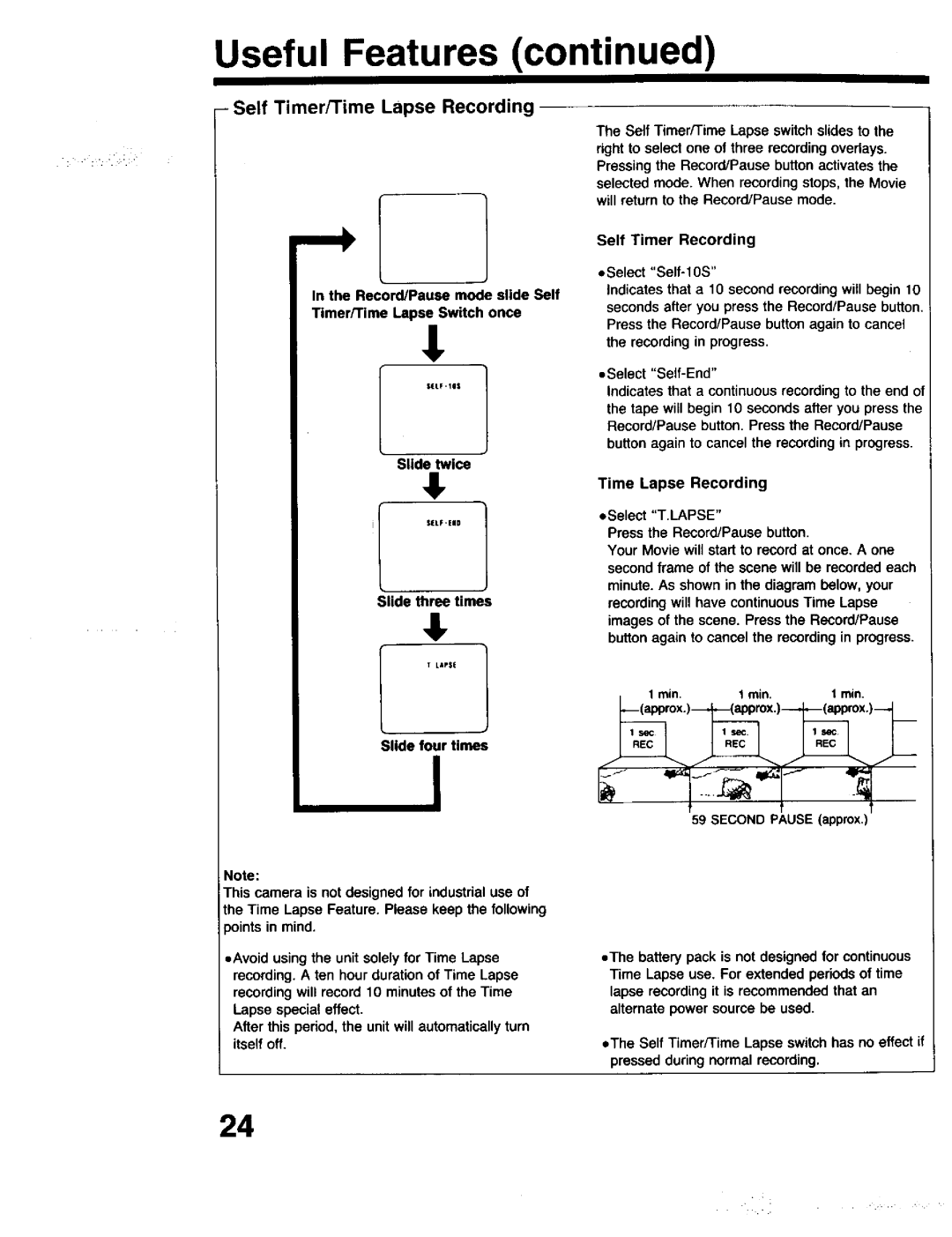 Panasonic PV-615S operating instructions Self Timer/Time Lapse Recording, Self Timer Recording, Slide twice 