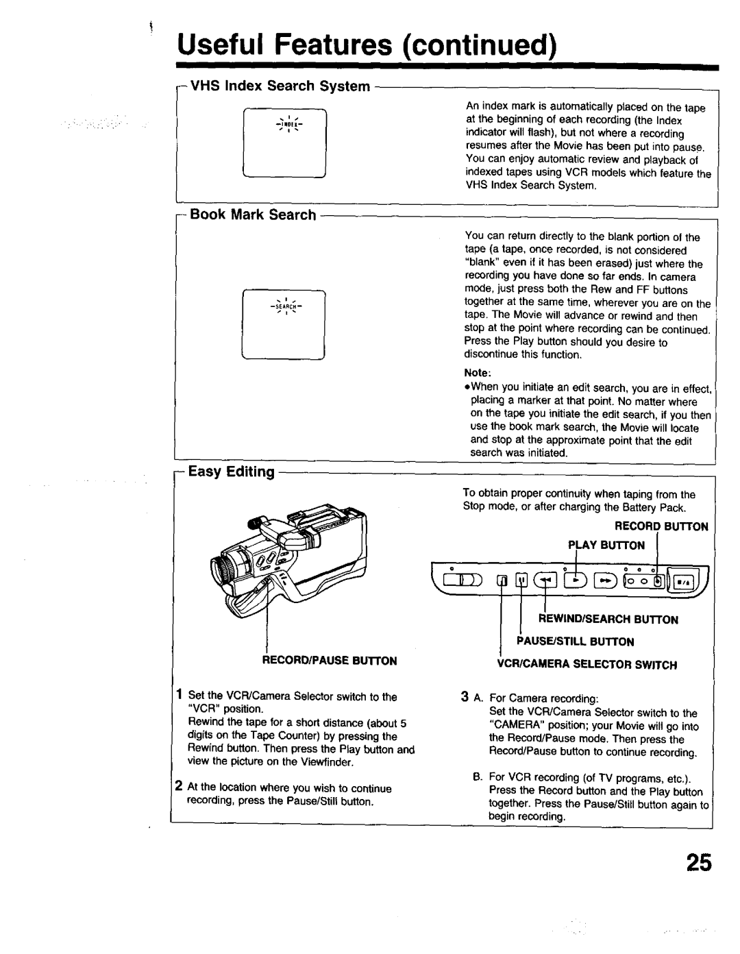 Panasonic PV-615S Easy Editing, VHS Index Search System, Book Mark Search, Record Button, Vcpjcameira Selector Switch 