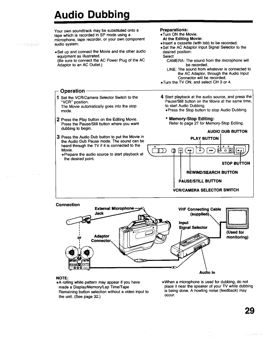 Panasonic PV-615S operating instructions Audio Dubbing, ConneXion External Microphonq Jack, Preparations 