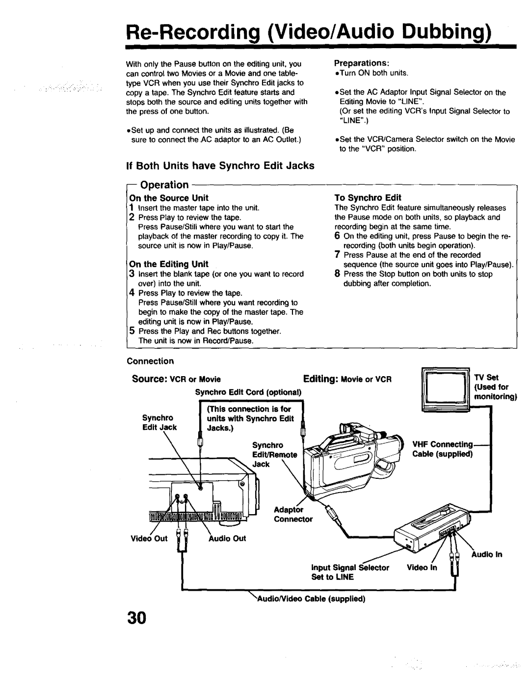 Panasonic PV-615S operating instructions Re-Recording Video/Audio Dubbing, If Both Units have Synchro Edit Jacks 