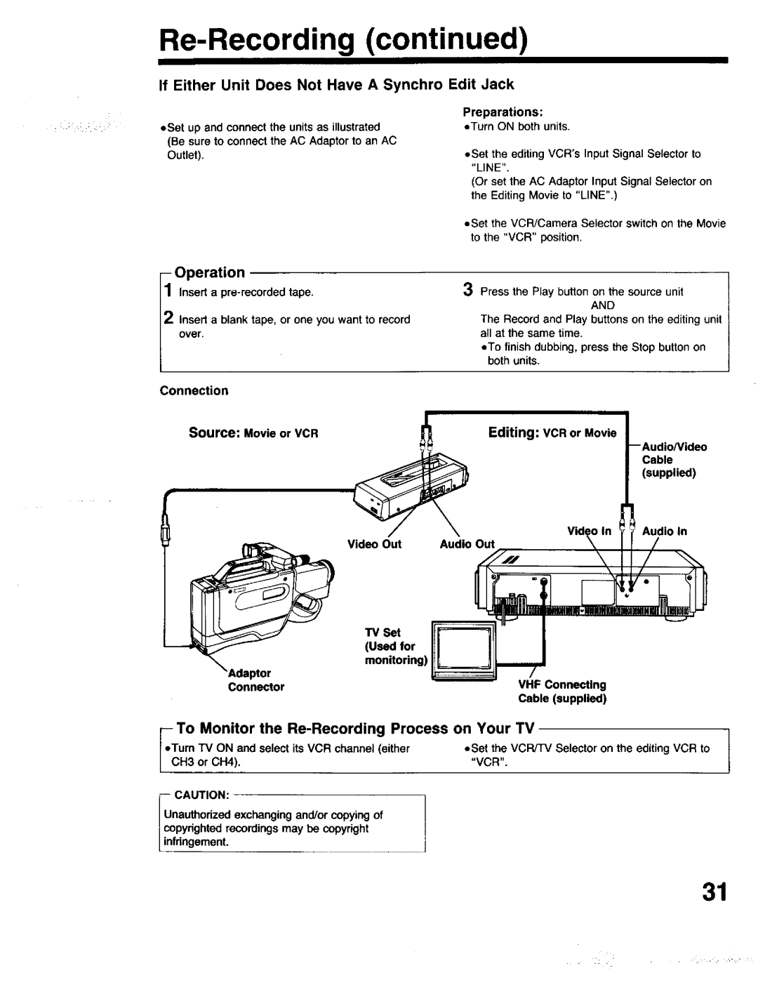 Panasonic PV-615S operating instructions Re-Recording, If Either Unit Does Not Have a Synchro Edit Jack 