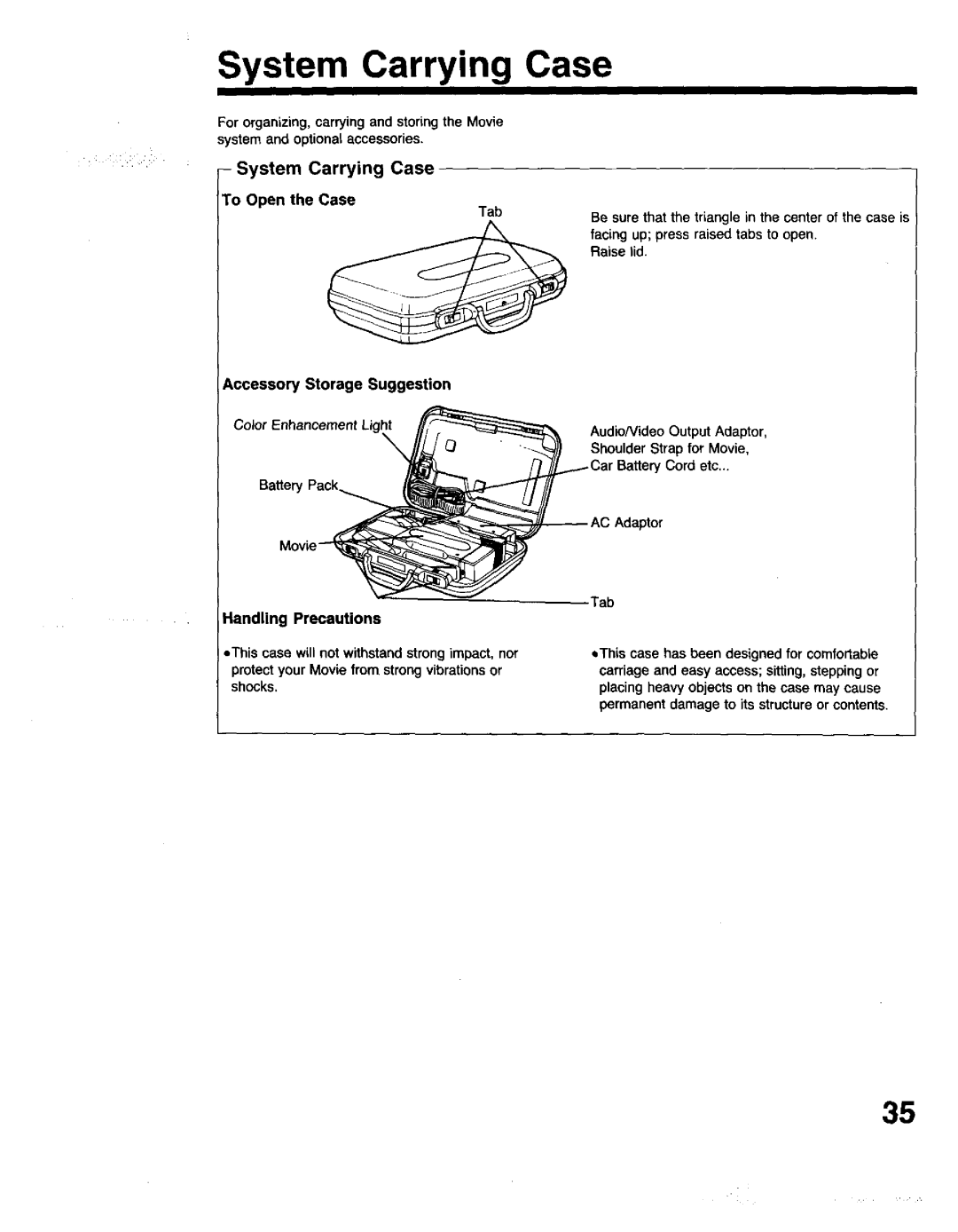 Panasonic PV-615S operating instructions System Carrying Case, Accessory Storage Suggestion Handling Precautions 