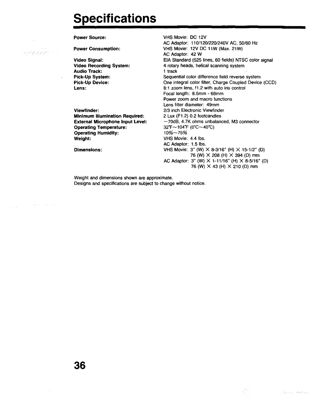 Panasonic PV-615S operating instructions Specifications 