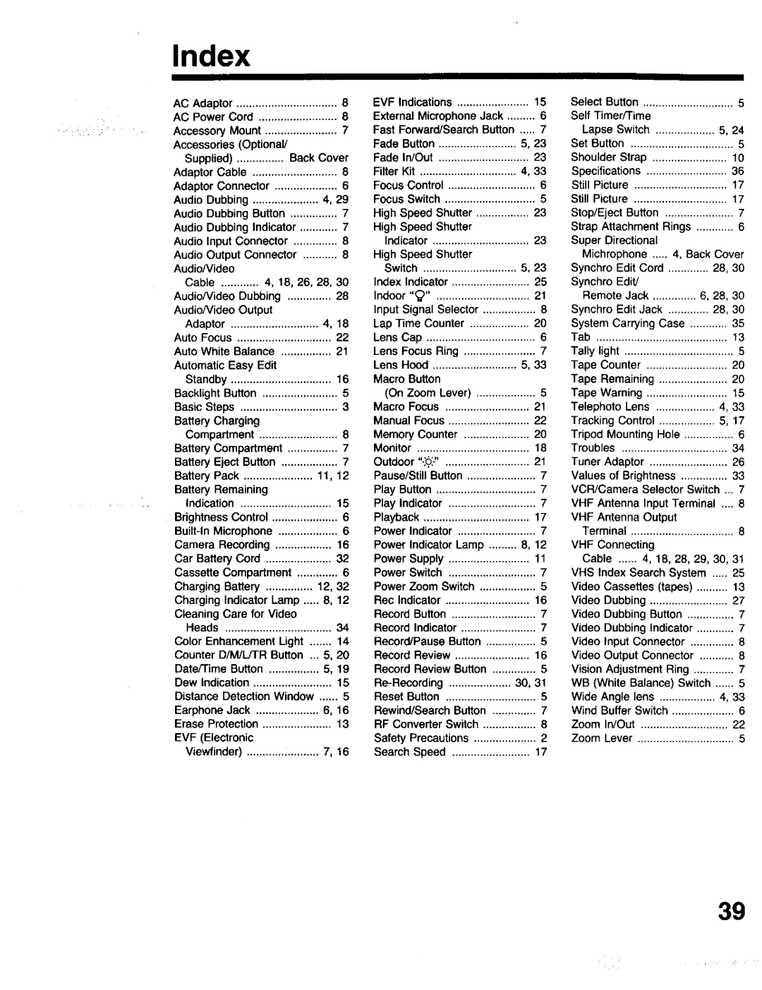 Panasonic PV-615S operating instructions Index 