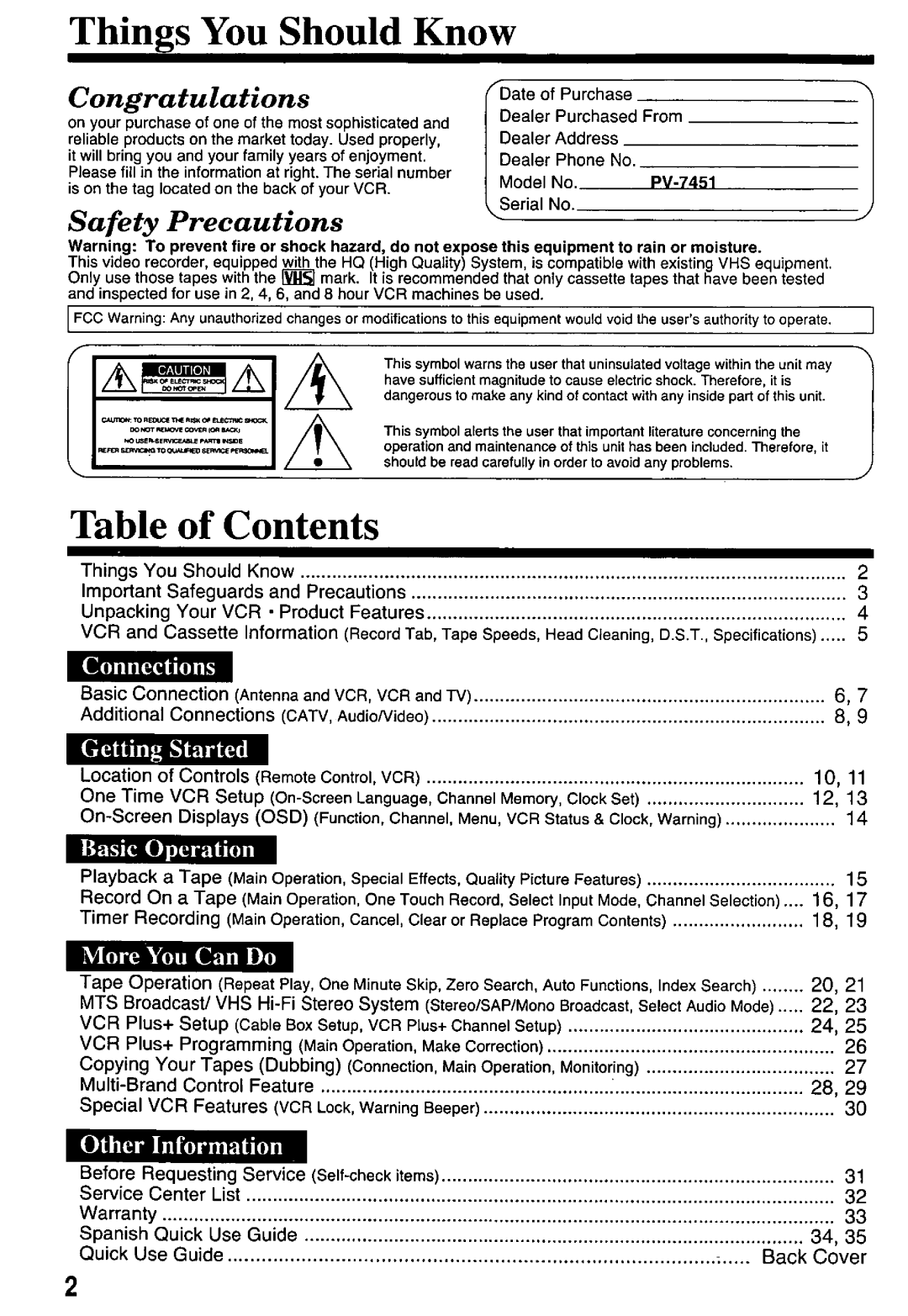 Panasonic PV-7451 manual 