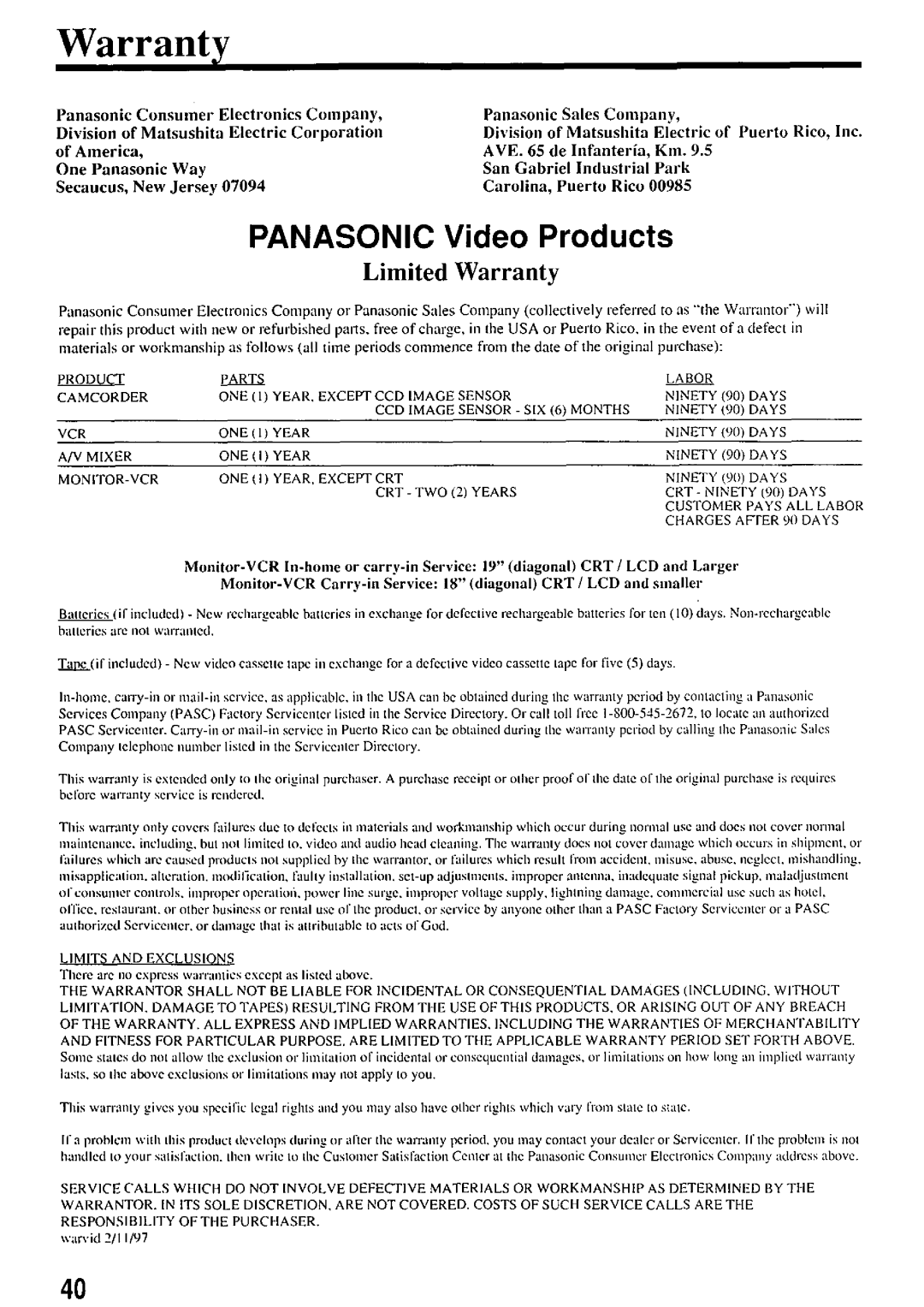 Panasonic PV-7664 manual 