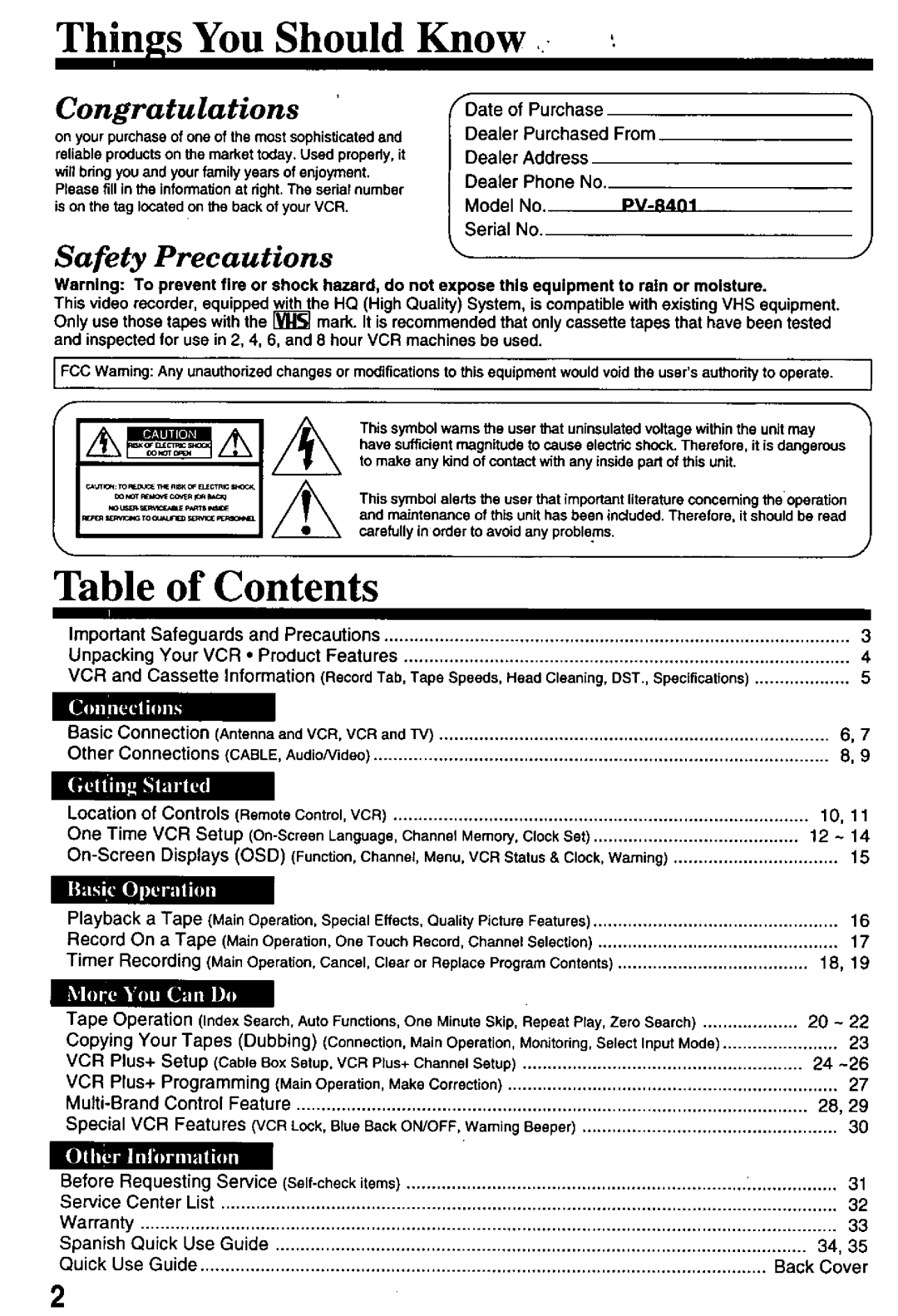 Panasonic PV-8401 manual 