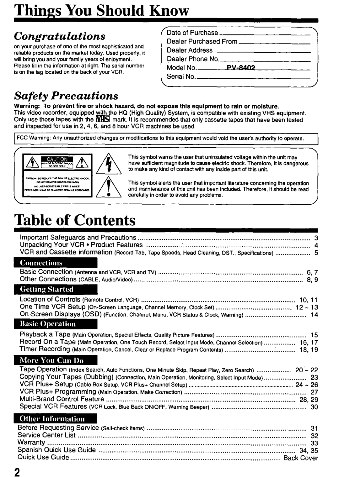 Panasonic PV-8402 manual 