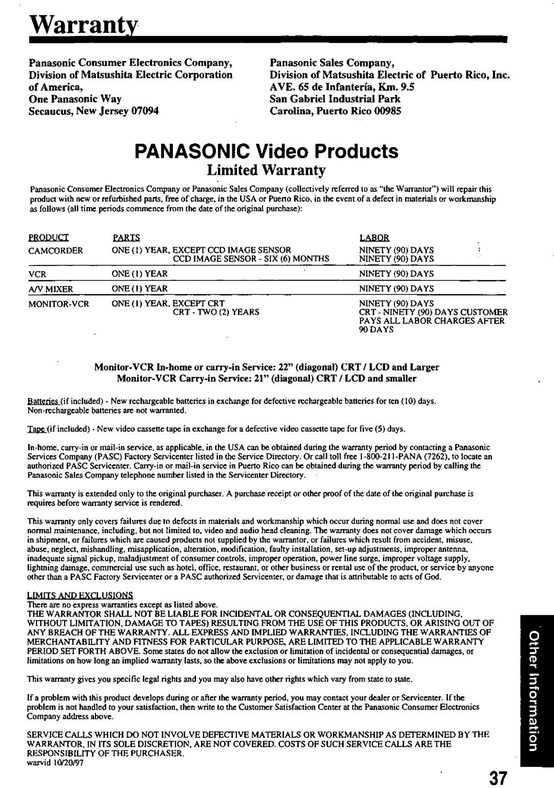 Panasonic PV-8661 manual 