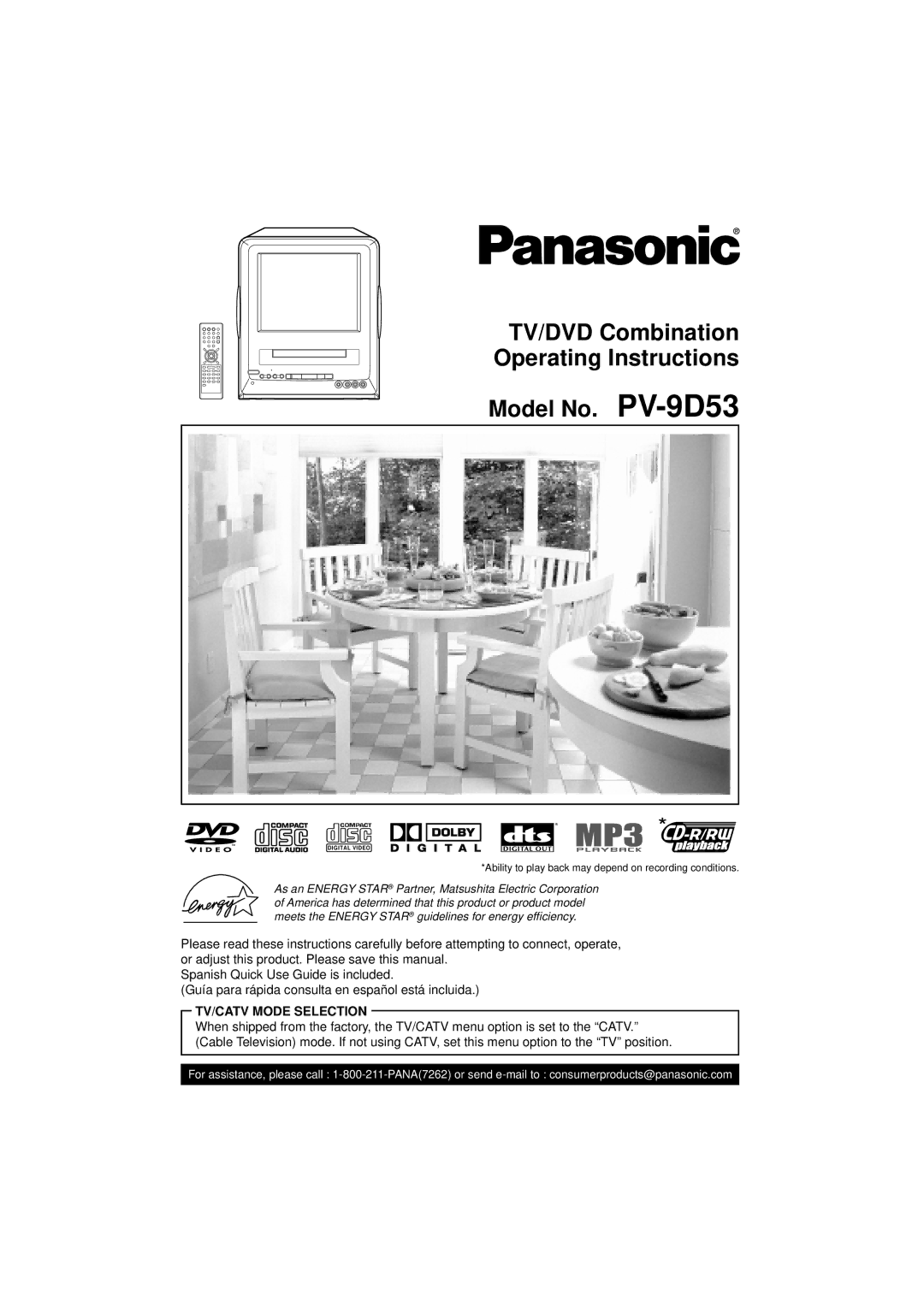 Panasonic PV 9D53 manual TV/DVD Combination Operating Instructions Model No. PV-9D53, TV/CATV Mode Selection 