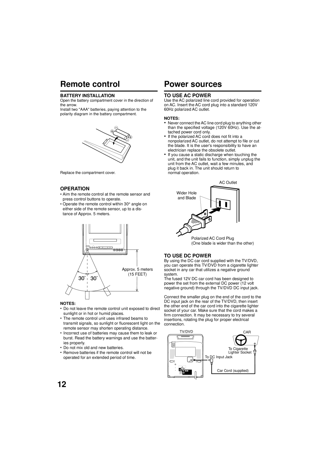 Panasonic PV 9D53 manual Operation, To USE AC Power, To USE DC Power 