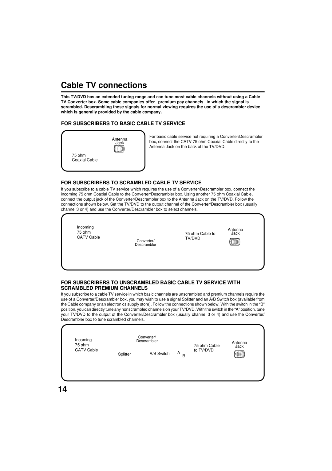 Panasonic PV 9D53 manual Cable TV connections, For Subscribers to Basic Cable TV Service 