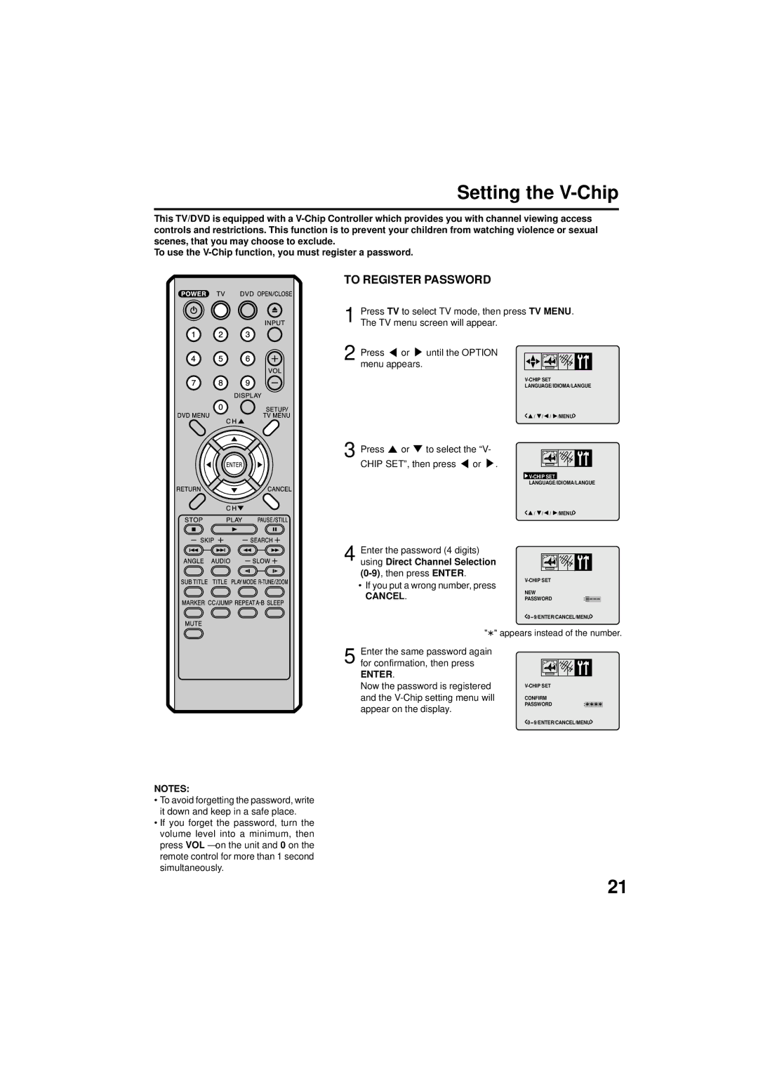 Panasonic PV 9D53 manual Setting the V-Chip, To Register Password, If you put a wrong number, press, Cancel 