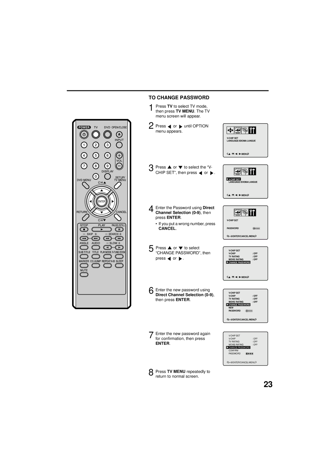 Panasonic PV 9D53 manual To Change Password, Press or to select the V- Chip SET, then press or 