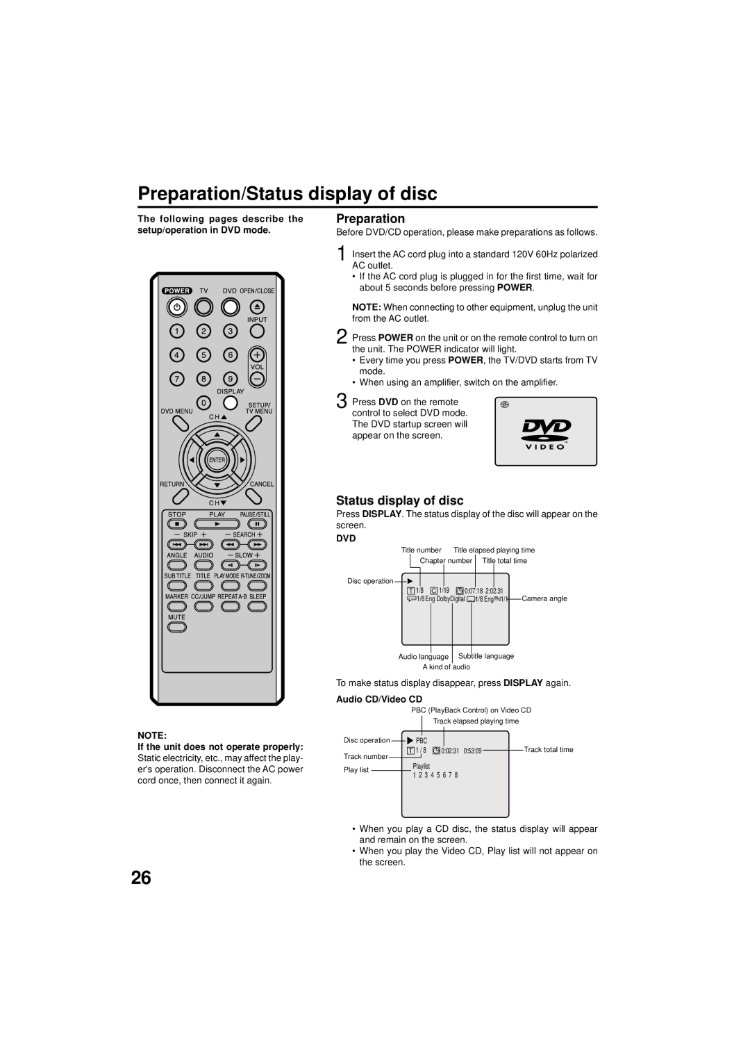 Panasonic PV 9D53 manual Preparation/Status display of disc, Dvd 