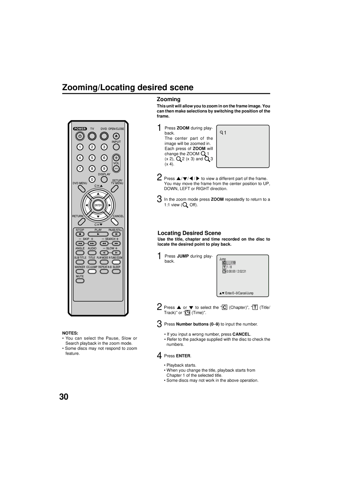 Panasonic PV 9D53 manual Zooming/Locating desired scene, Locating Desired Scene, Press Jump during play, Back 